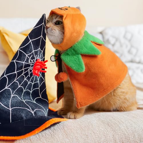 2 Sets Pet Pumpkin Costume Cat Halloween Cloak Hat Set R975
