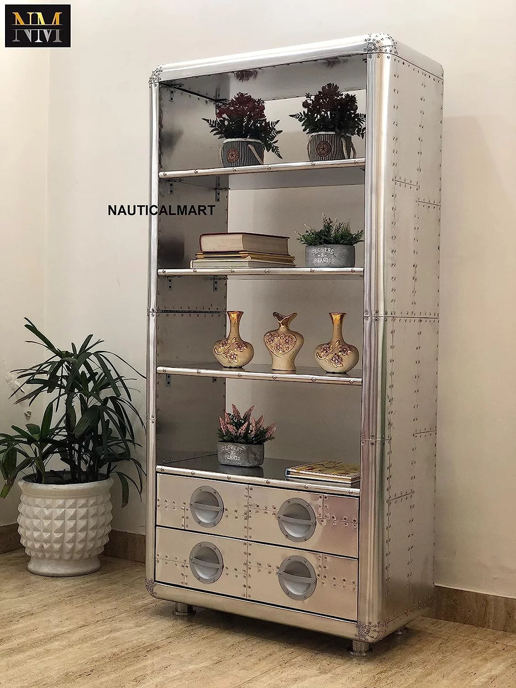 Aluminum Bookcase with Drawers 62 Inches W13516