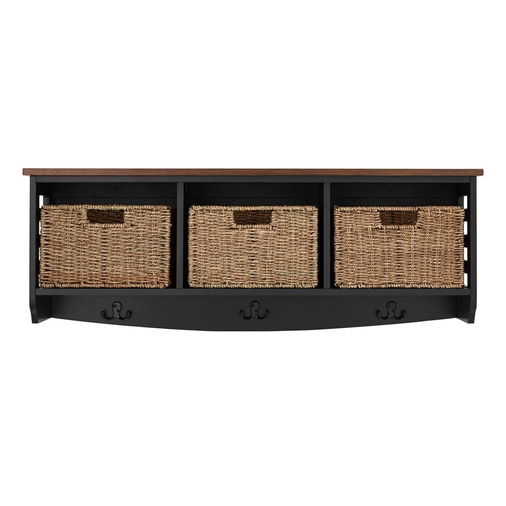 Black and Walnut Wood Floating Wall Shelf with Hook J29975