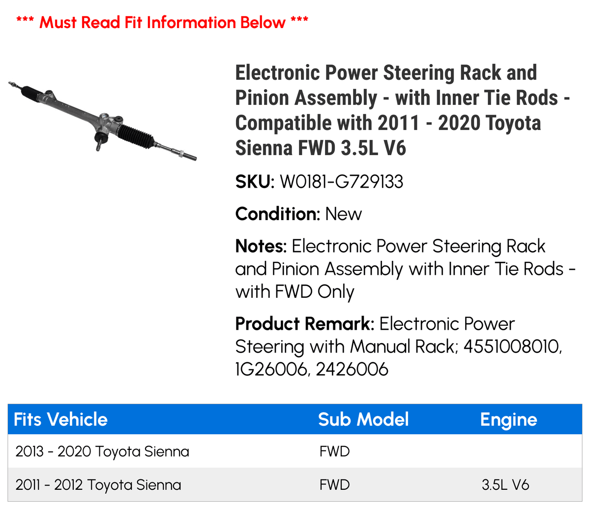 Power Steering Rack and Pinion Assembly with Inner Tie Rods E333590