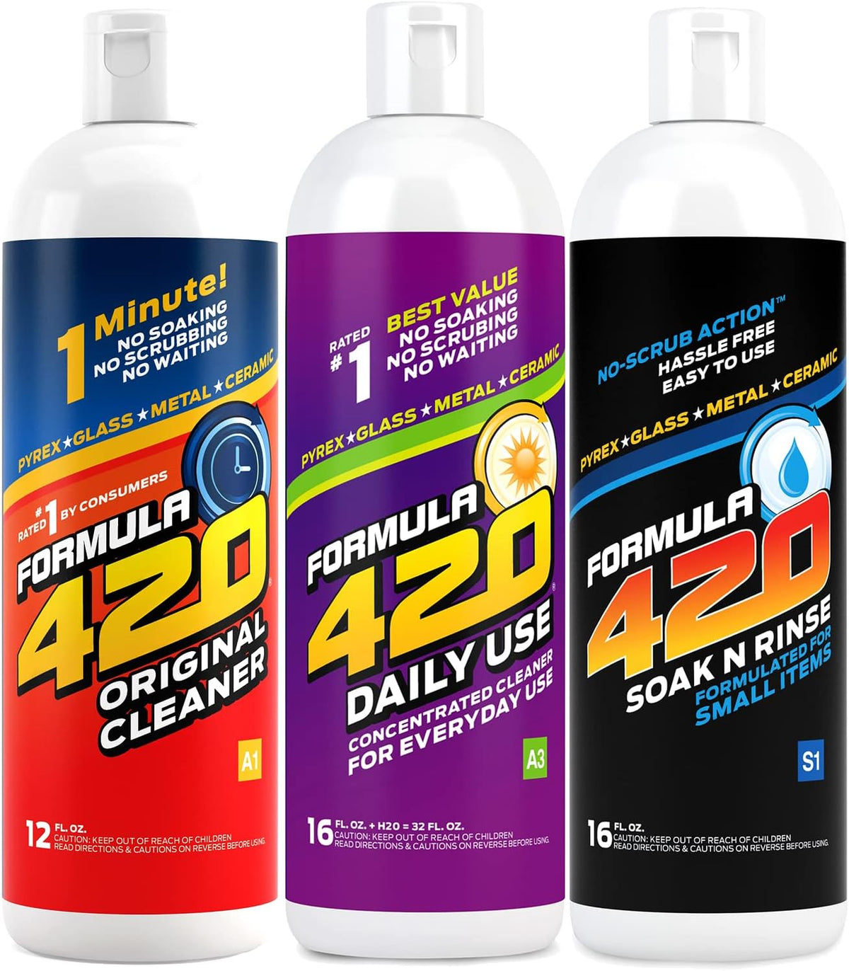 Formula 420 Bundle Pack : 1 Original Cleaner 12 oz, 1 Daily Use 16oz Concentrate makes 32oz & 1 Soak-N-Rinse 16 oz (3 bottles) E847