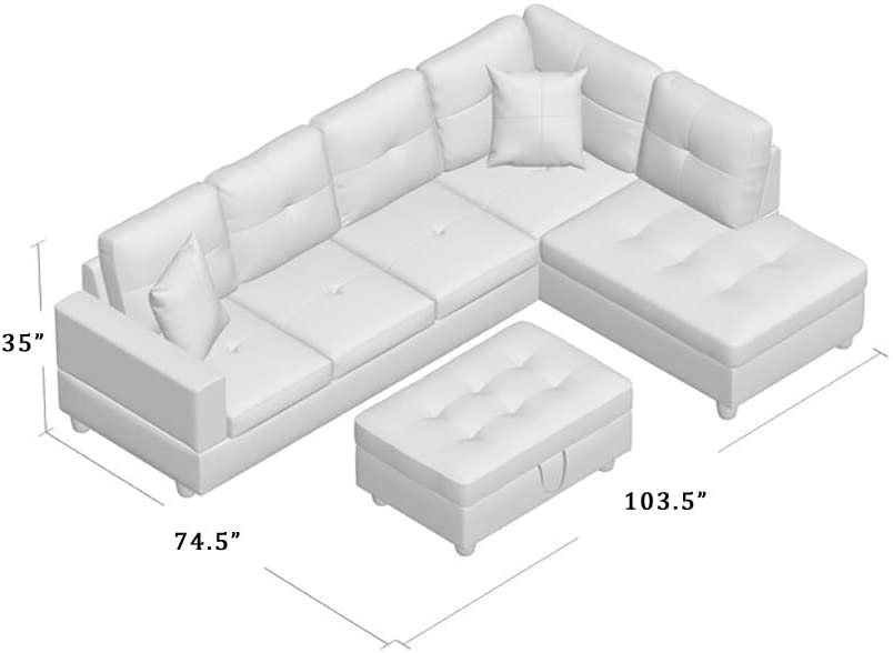 Grey White Linen Fabric L-Shaped Sectional Sofa Set with Storage Ottoman and Pillows K343