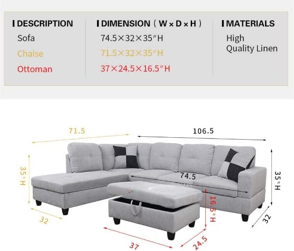 Grey White Linen Fabric L-Shaped Sectional Sofa Set with Storage Ottoman and Pillows K343