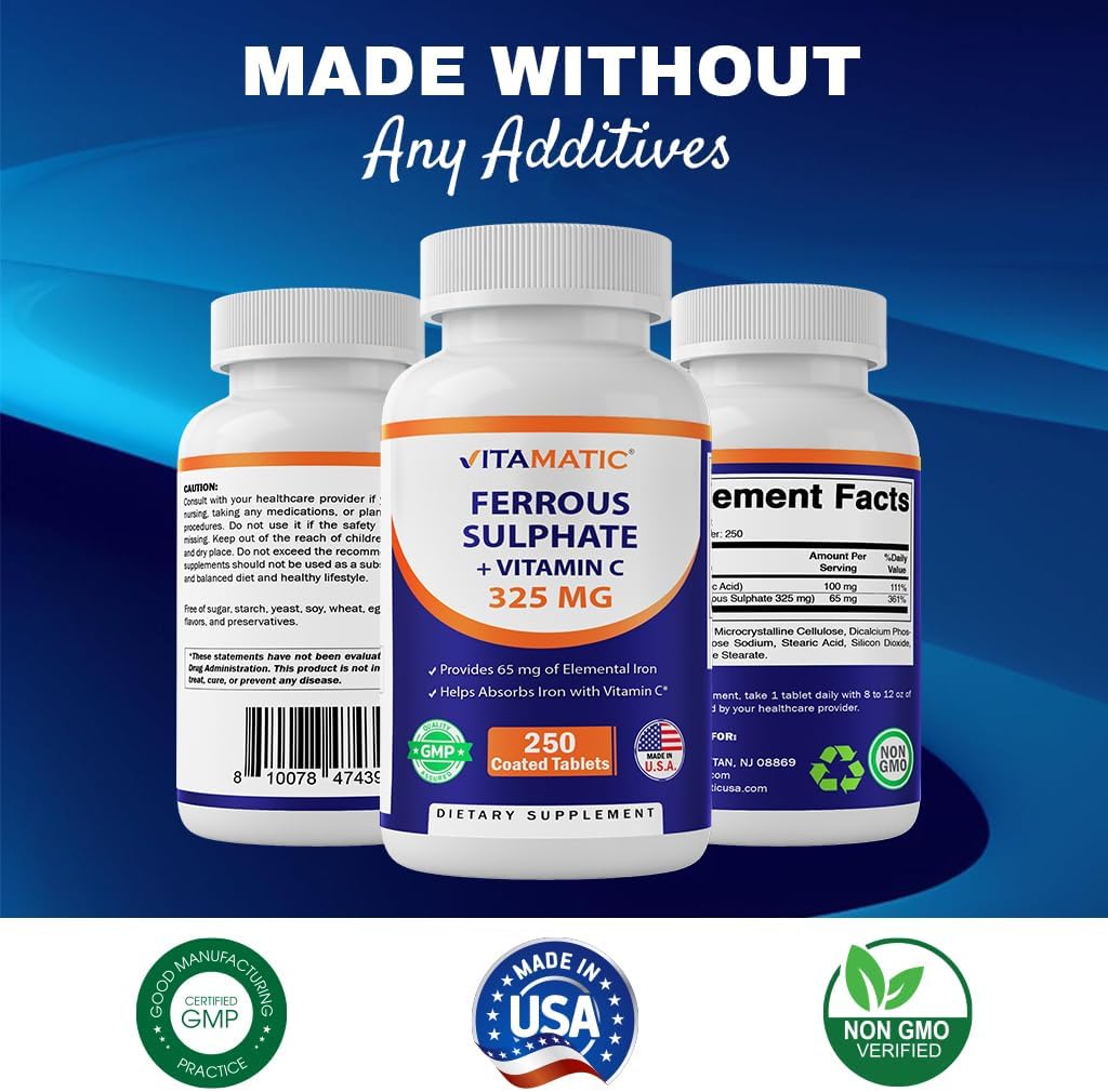 Ferrous Sulphate 325 mg + Vitamin C 100 mg 65 mg Elemental Iron Iron Supplement 250 Coated Tablets N1180