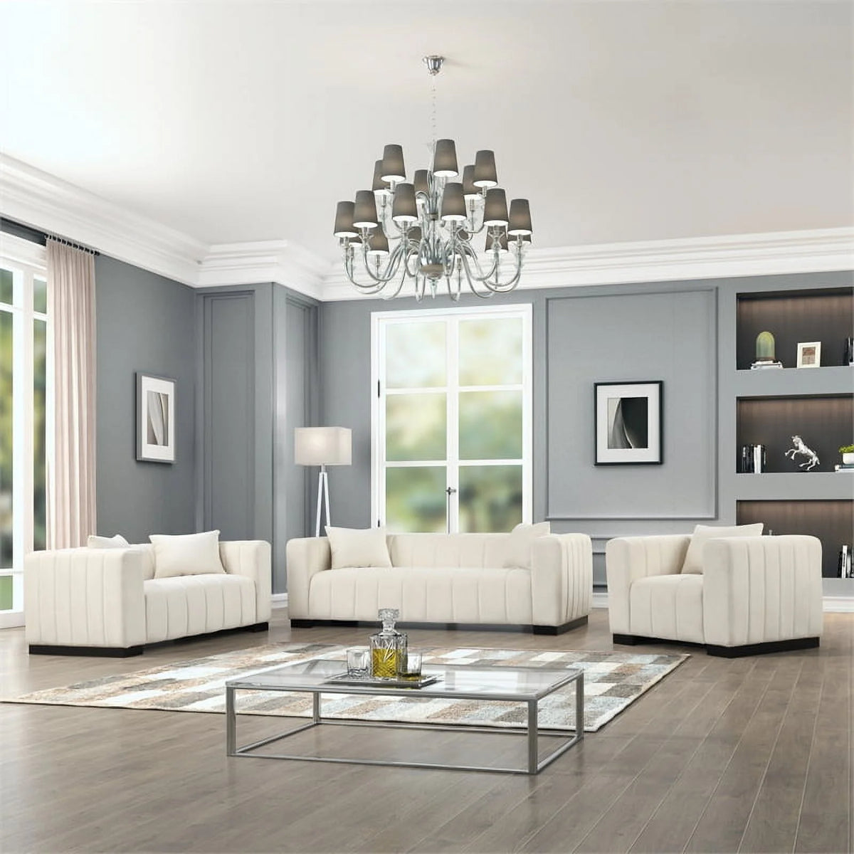 Beige Velvet Sofa Loveseat Armchair Set V619