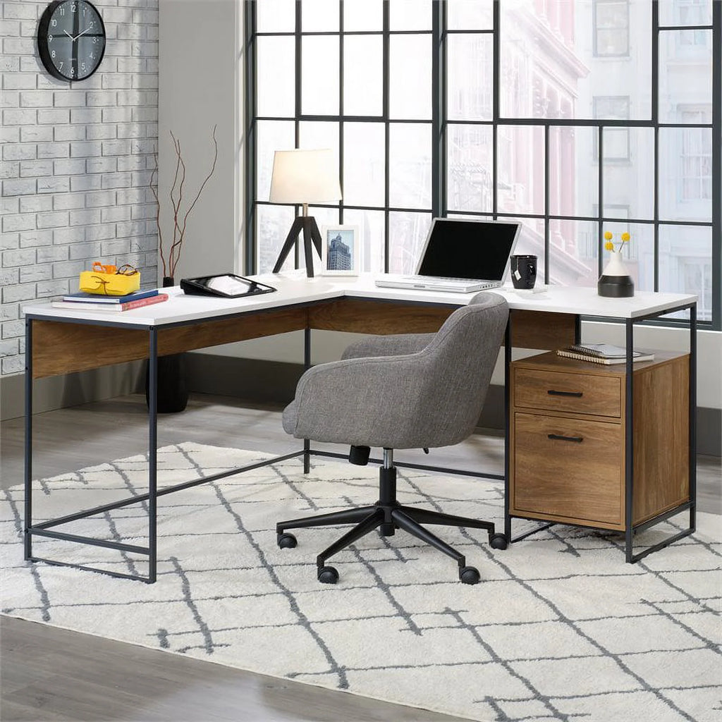 L-Shaped Computer Desk with 2 Drawers in White H637