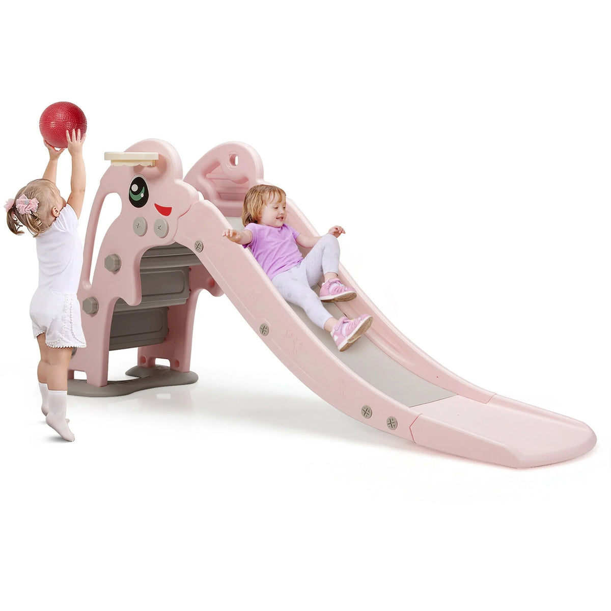 3-in-1 Kids Climber Slide Play Set with Basketball Hoop Green Q420