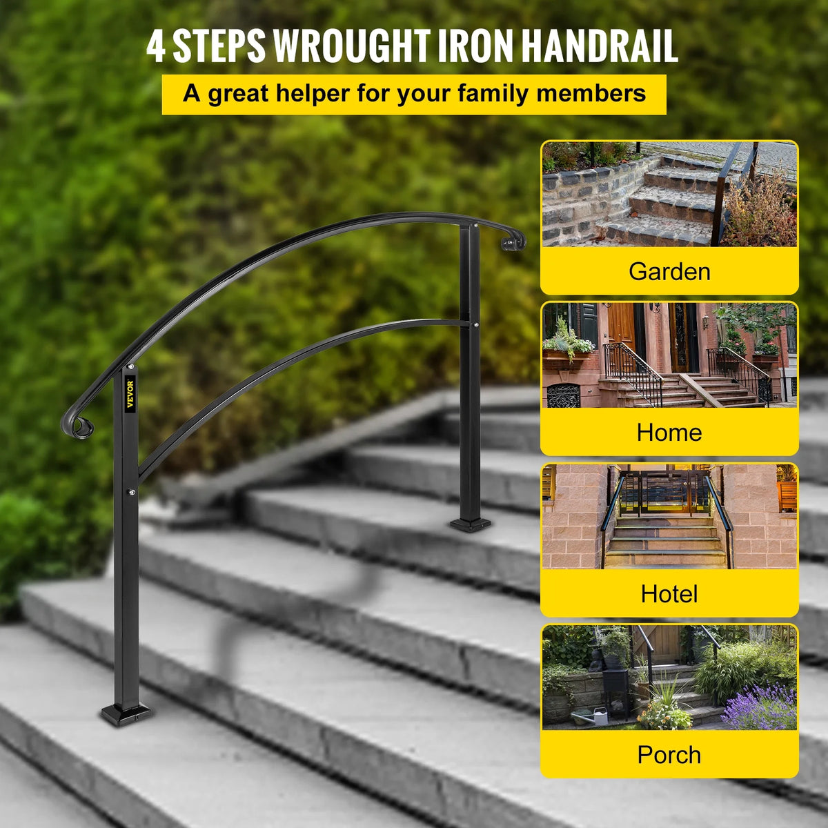 Matte Black Wrought Iron Handrail with Installation Kit V843