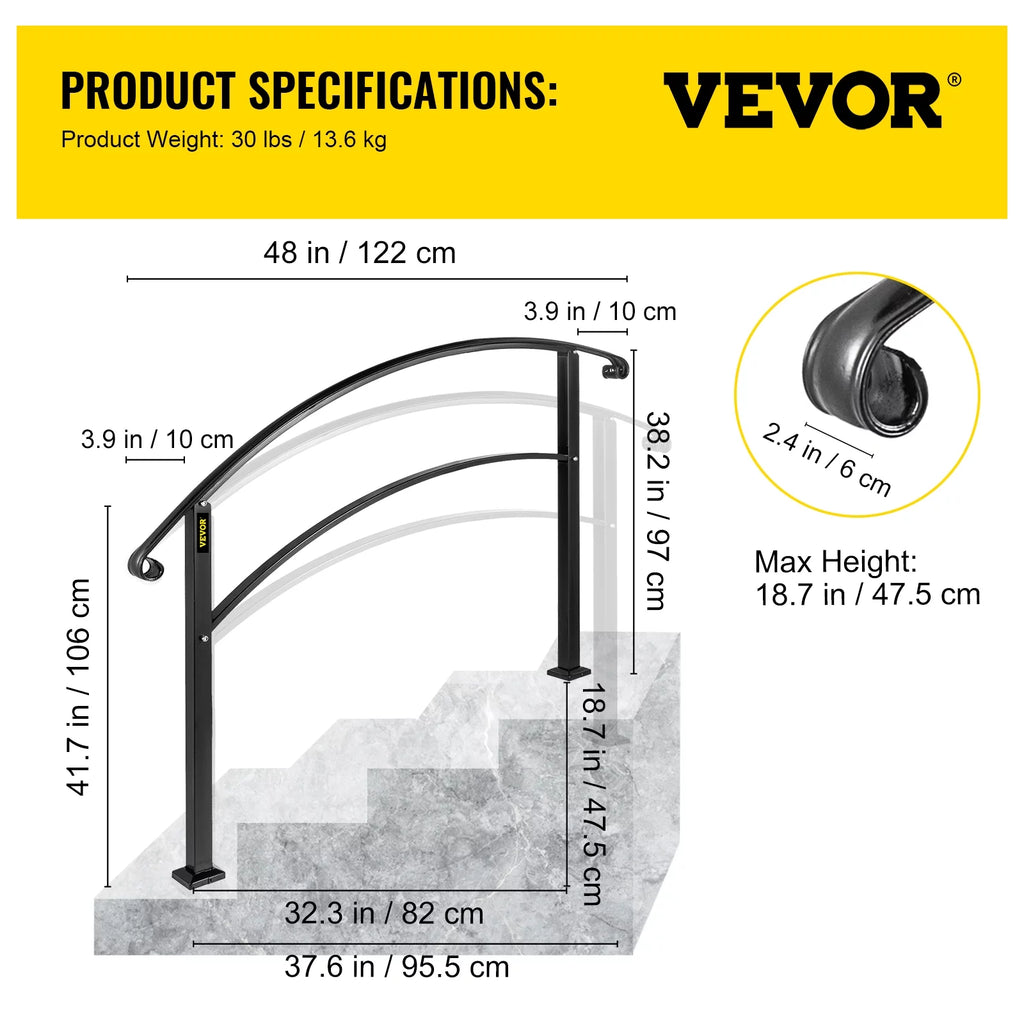Matte Black Wrought Iron Handrail with Installation Kit V843