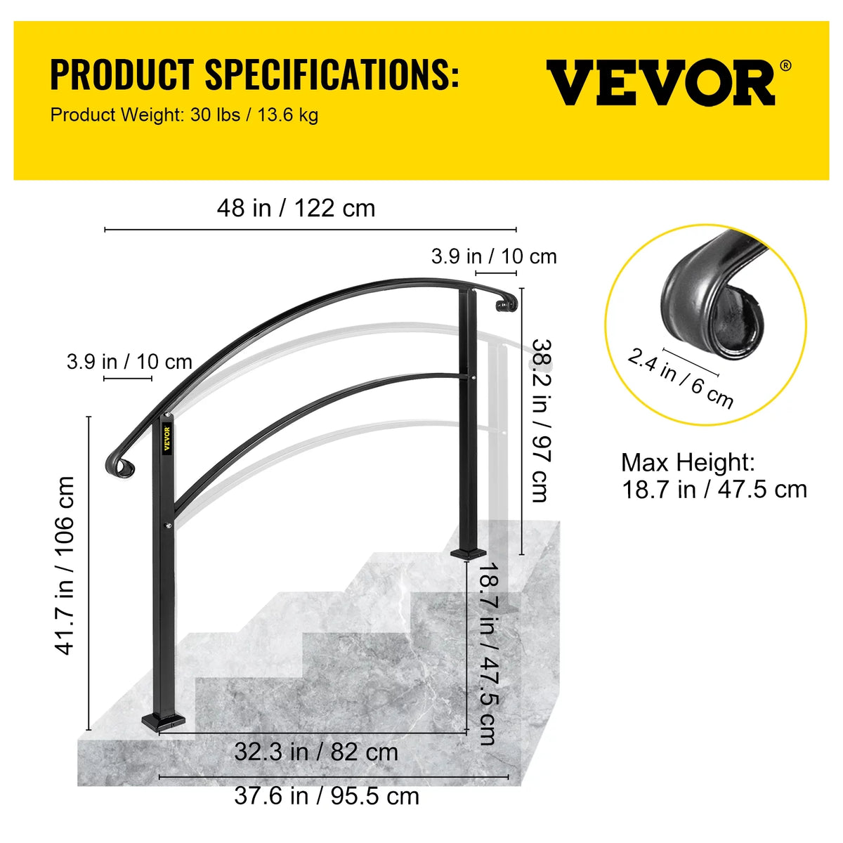 Matte Black Wrought Iron Handrail with Installation Kit V843