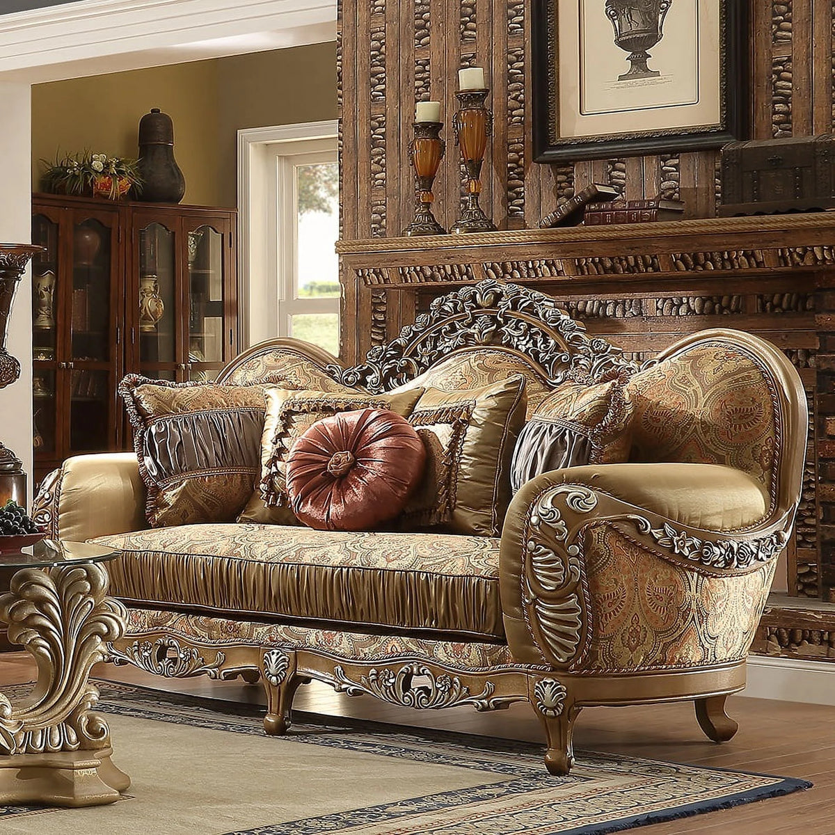 Antique Brown Chenille Carved Wood 3Pcs Sofa Set K97965