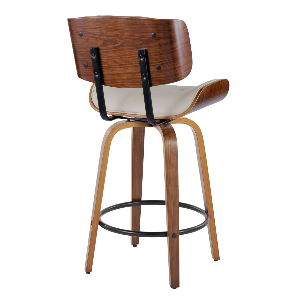 26" Mid-Century Modern Swivel Counter Stool in Walnut Wood and Cream Faux Leather with Round Black Metal Footrest - Set of 2 K292387