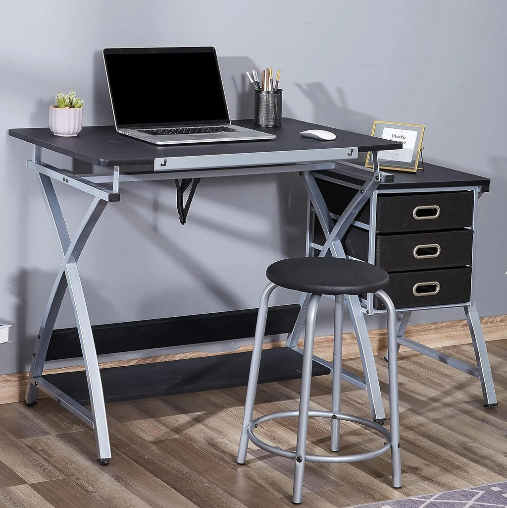 Black Adjustable Drafting Table with Stool and Storage Drawers G255937