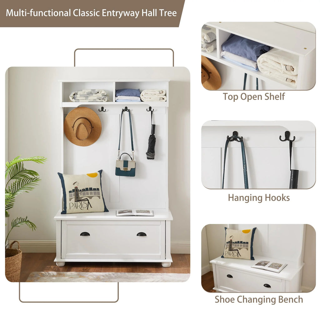 White Hall Tree Bench with Coat Rack and Shoe Cabinet P823
