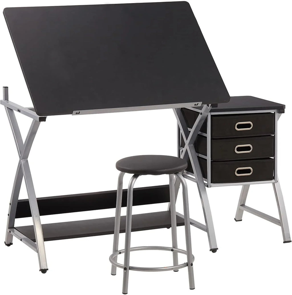 Black Adjustable Drafting Table with Stool and Storage Drawers G255937