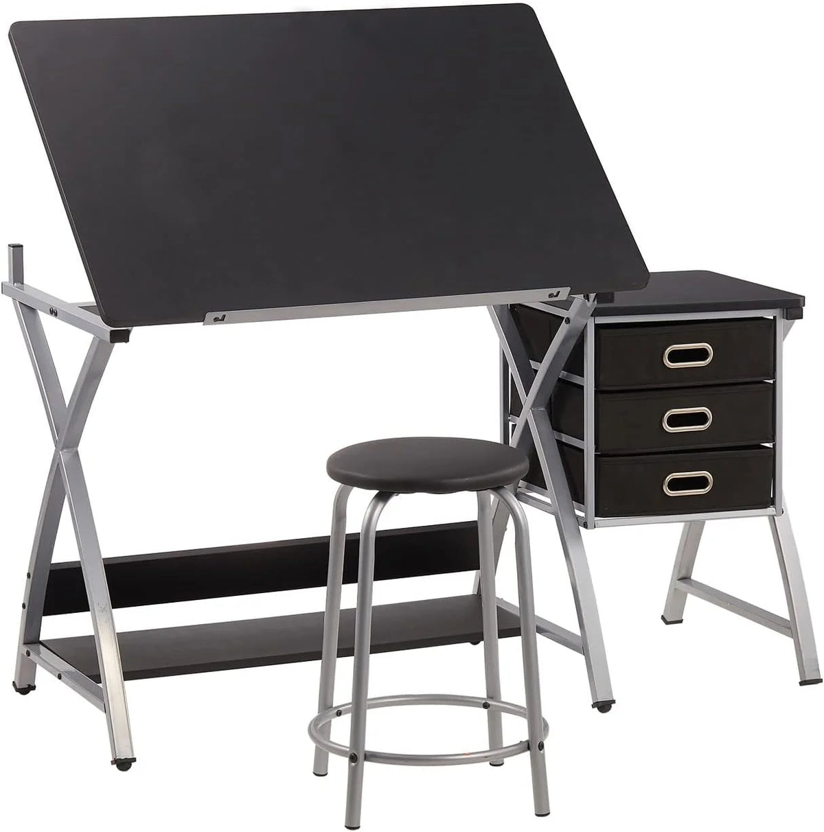 Black Adjustable Drafting Table with Stool and Storage Drawers G255937