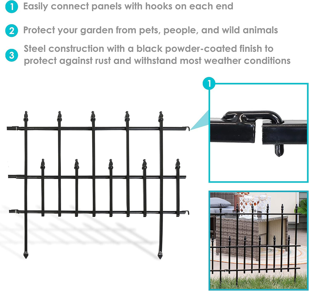 5-Piece Black Steel Garden Fence Panel Set K744