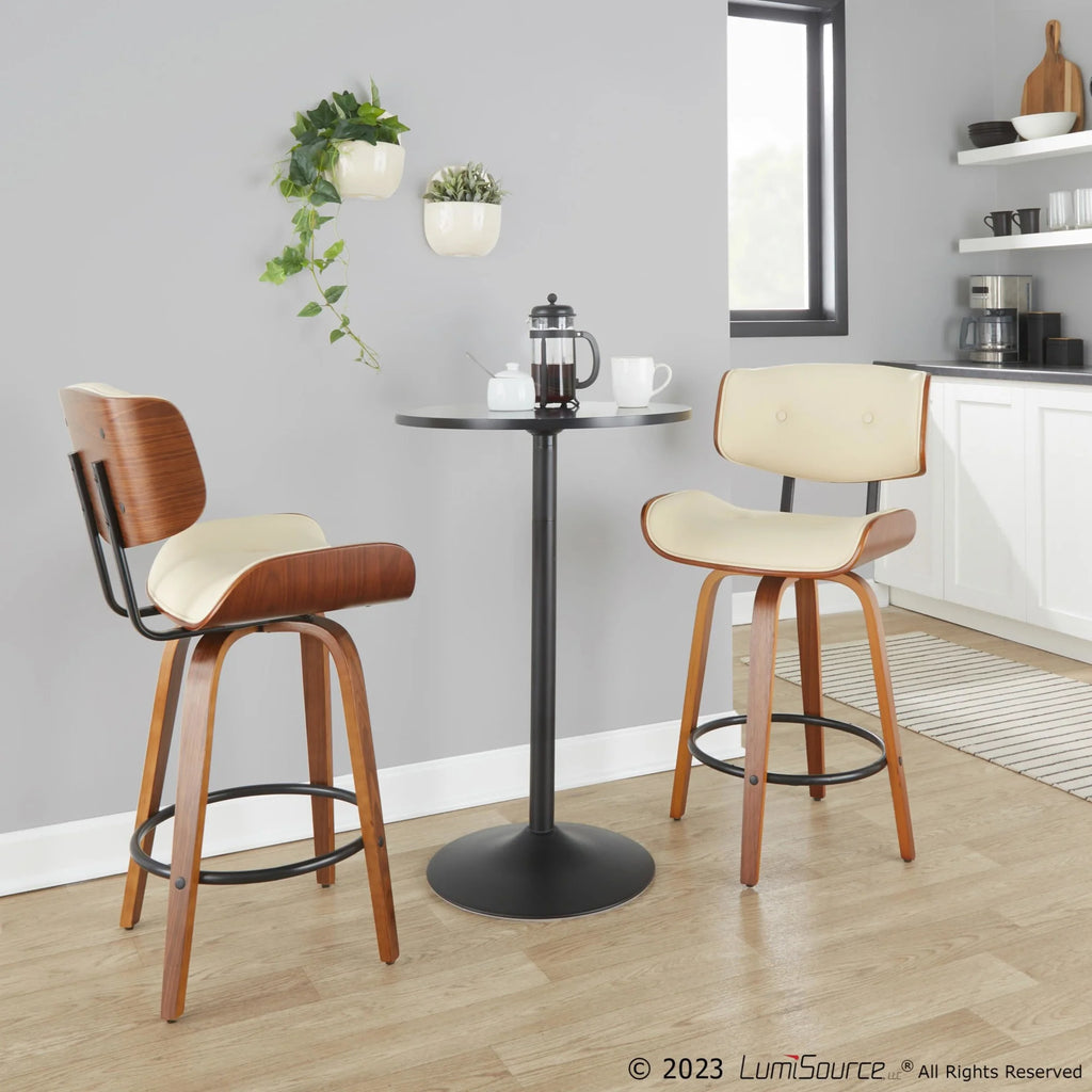 26" Mid-Century Modern Swivel Counter Stool in Walnut Wood and Cream Faux Leather with Round Black Metal Footrest - Set of 2 K292387