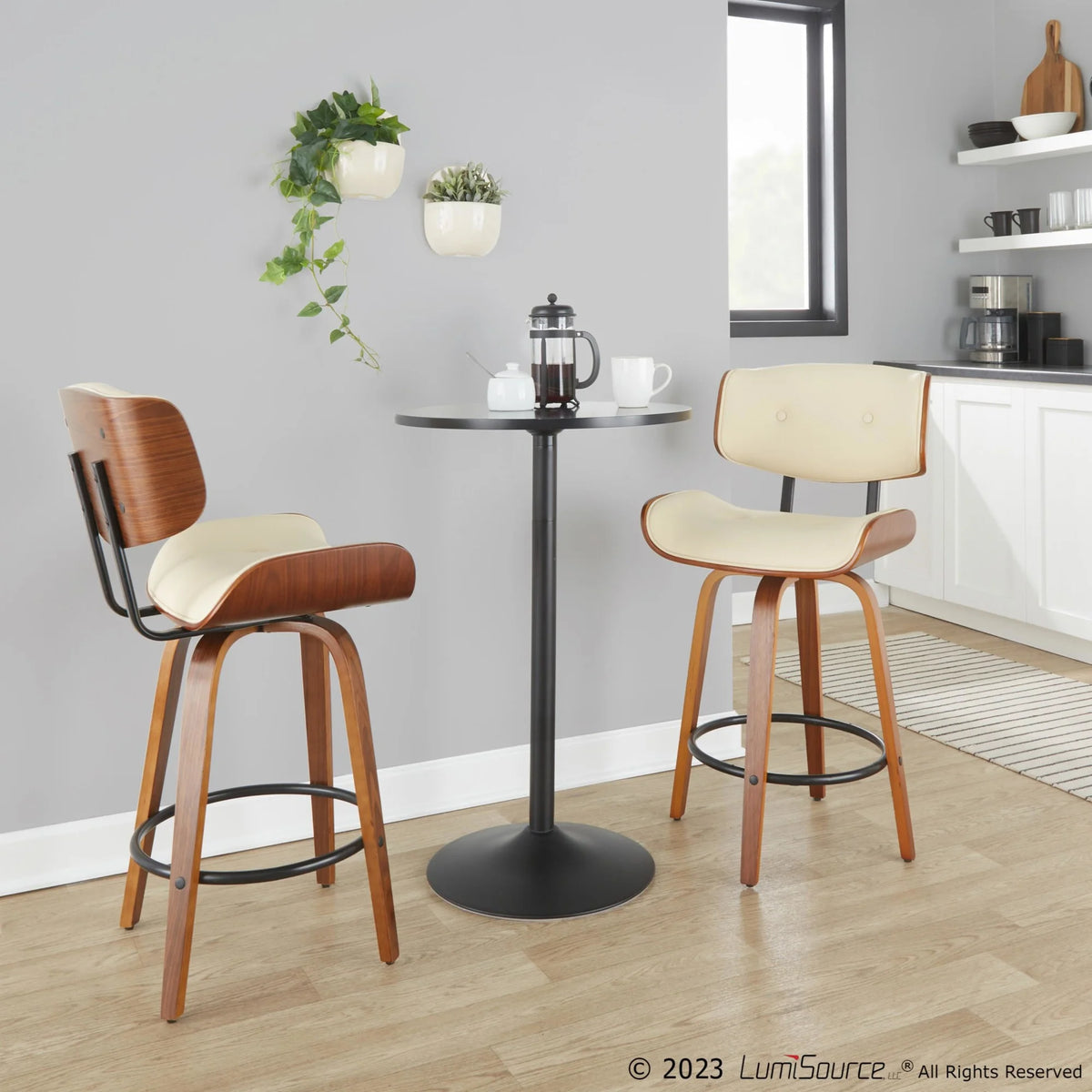 26" Mid-Century Modern Swivel Counter Stool in Walnut Wood and Cream Faux Leather with Round Black Metal Footrest - Set of 2 K292387