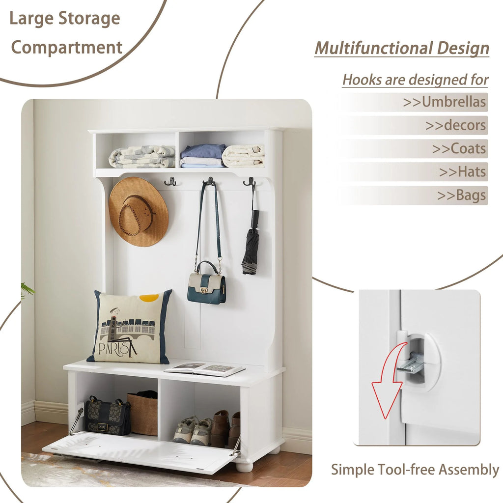 White Hall Tree Bench with Coat Rack and Shoe Cabinet P823