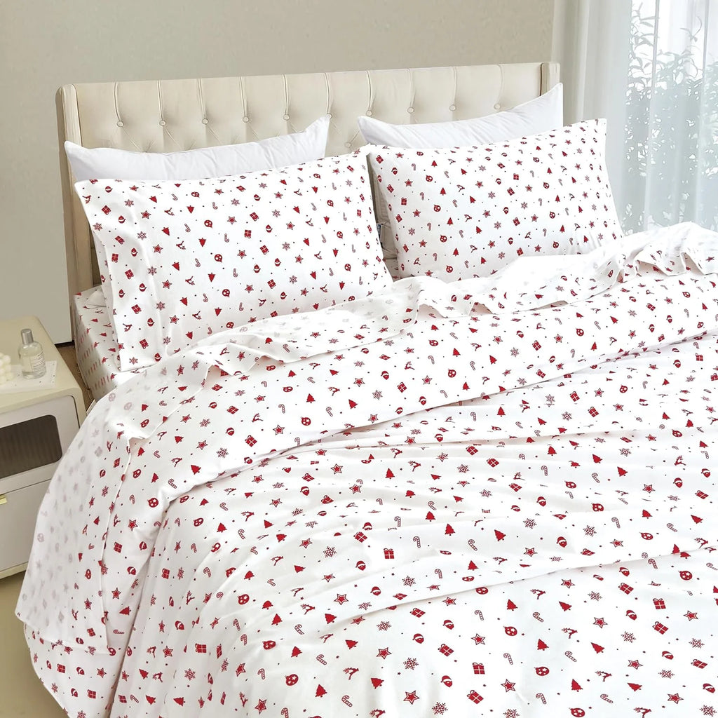 King Flannel Sheets - 4-Piece 100% Turkish Cotton, Red Stars, Deep Pocket R43988