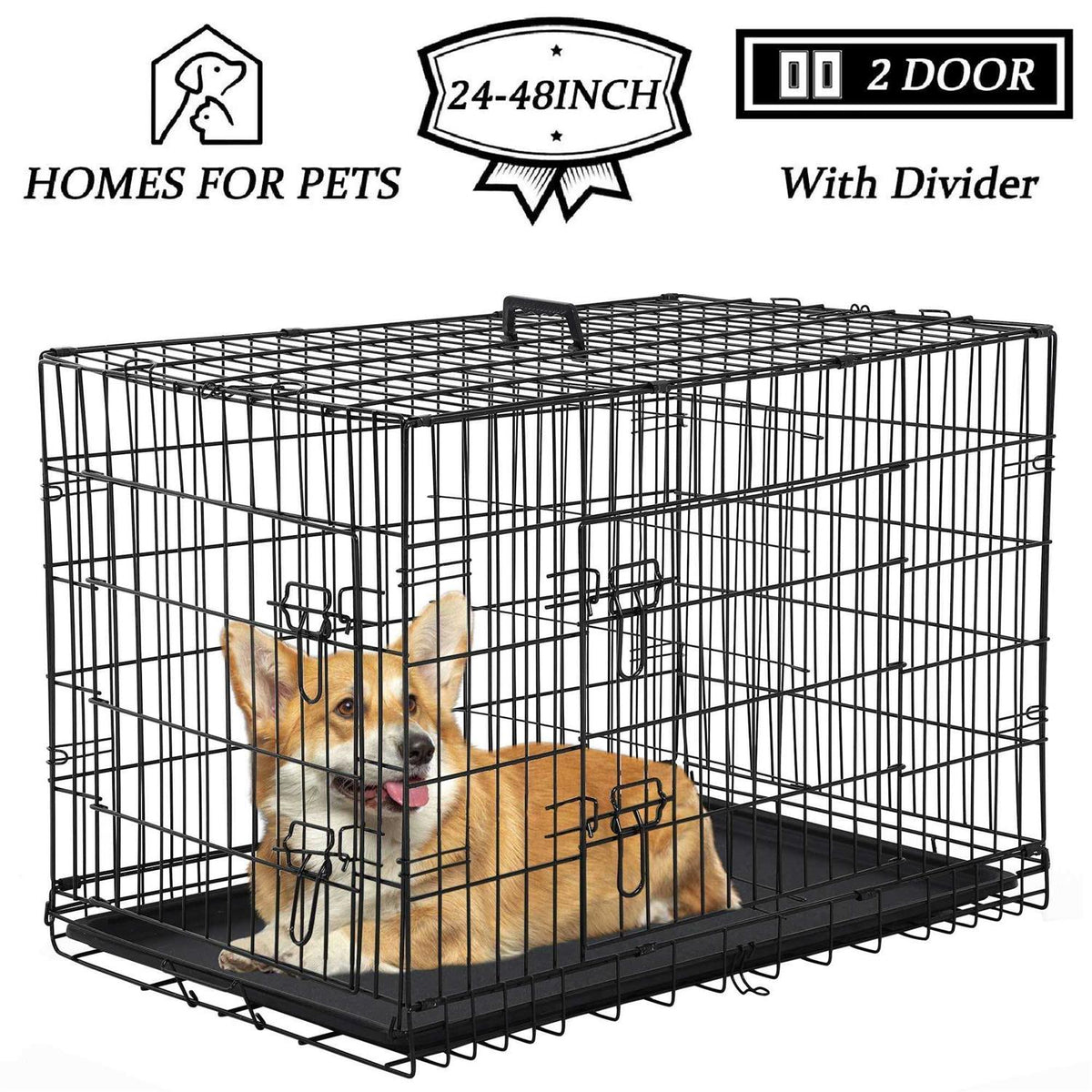 Foldable Large Metal Wire Dog Crate with Plastic Tray D229