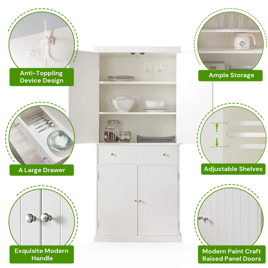 White Tall Freestanding Kitchen Pantry Cabinet with Doors and Adjustable Shelves E36251