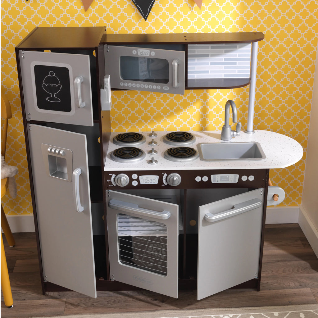 Espresso Wooden Play Kitchen with Chalkboard & Towel Rack M2813