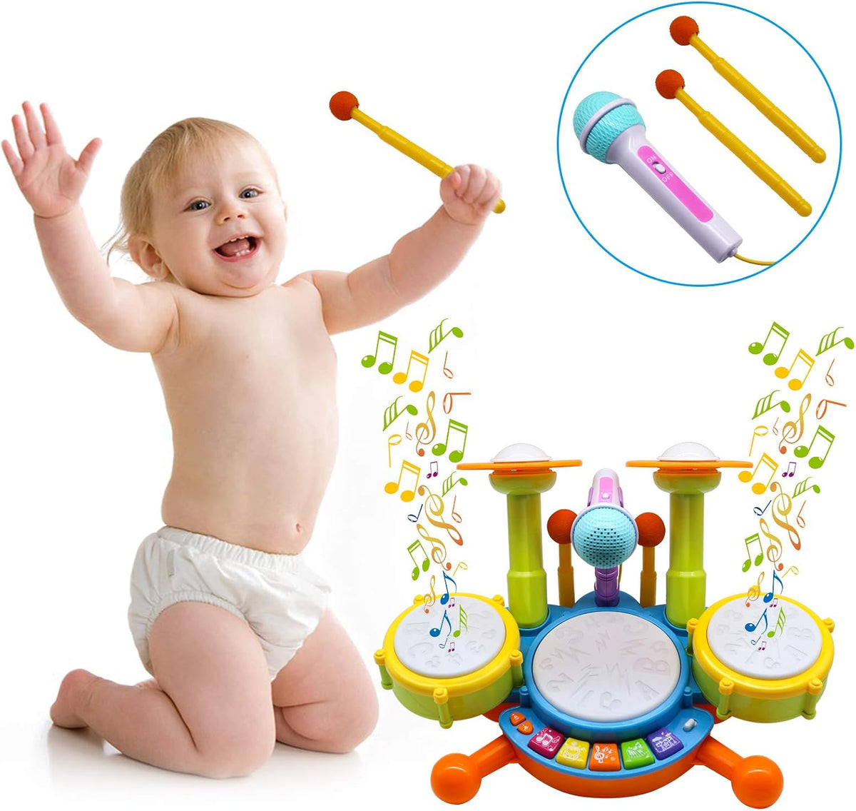 Kids Drum Set with 2 Drum Sticks and Microphone X4194