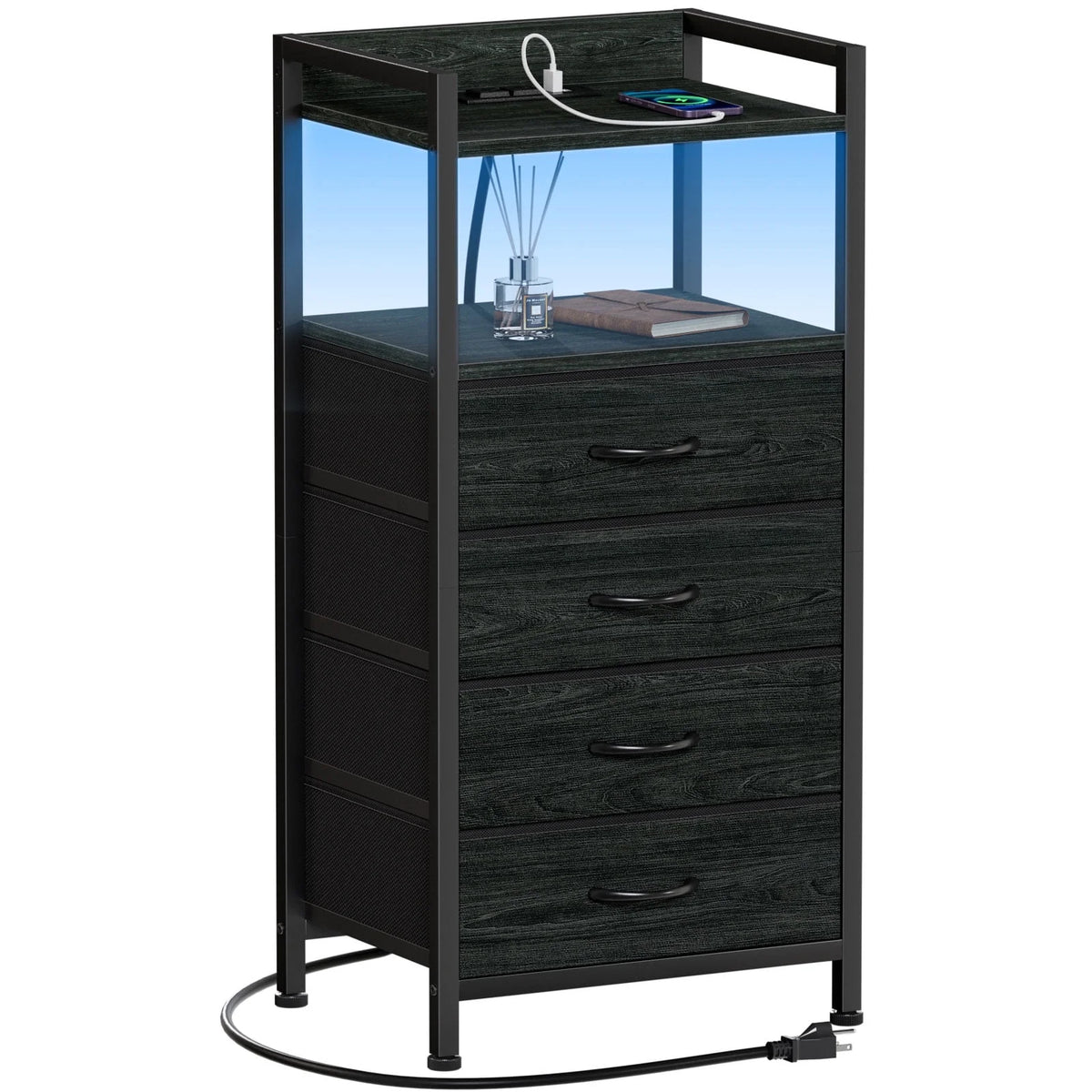 White Fabric Vertical Dresser with Charging Station E2380