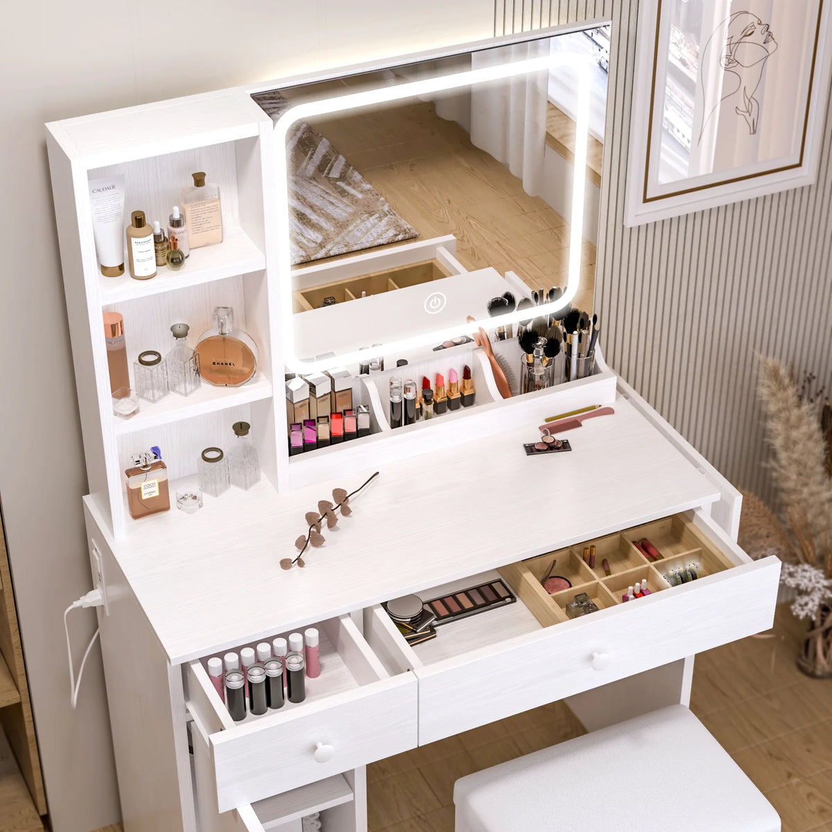 White Vanity Desk with Lighted Mirror and Stool L759521