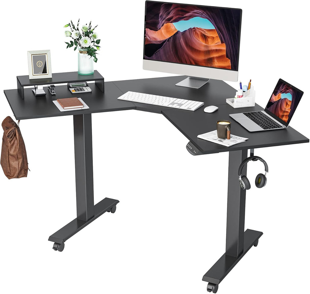 L Shaped Electric Standing Desk with Bamboo Top and Black Frame J679