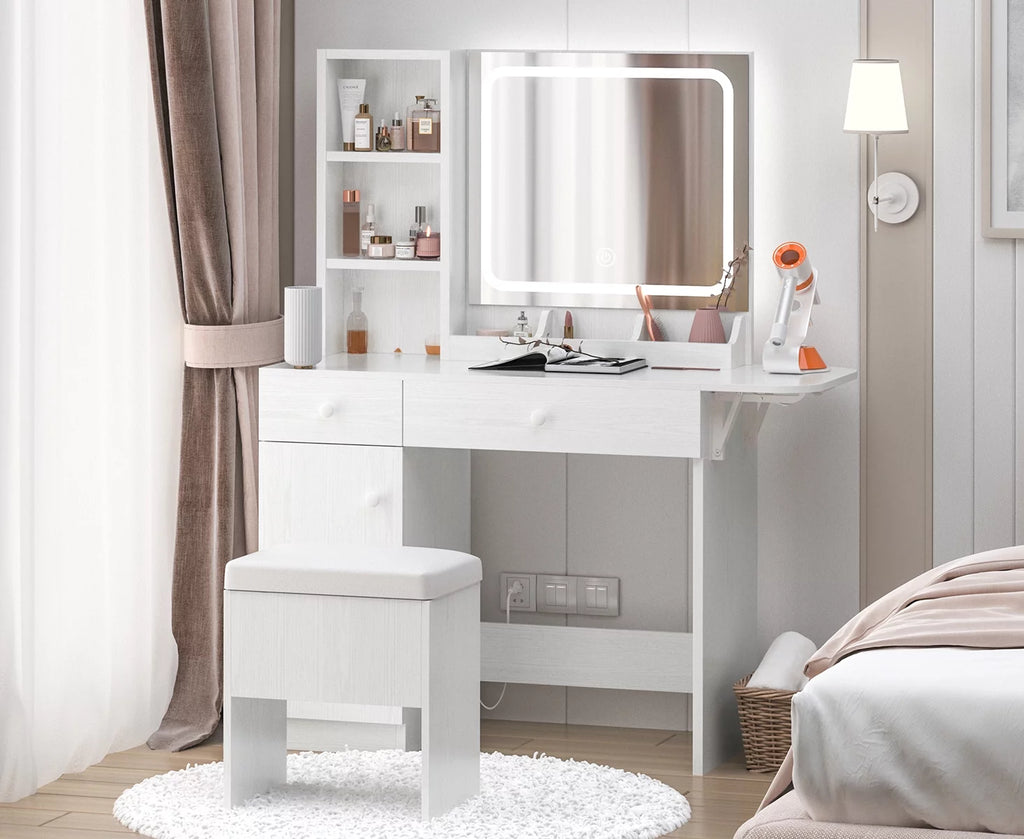 White Vanity Desk with Lighted Mirror and Stool L759521