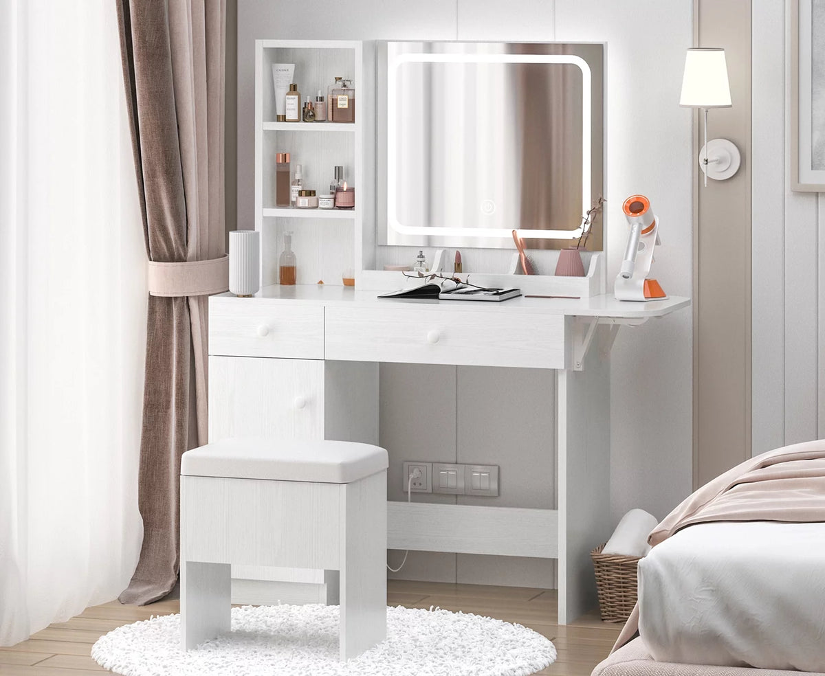 White Vanity Desk with Lighted Mirror and Stool L759521
