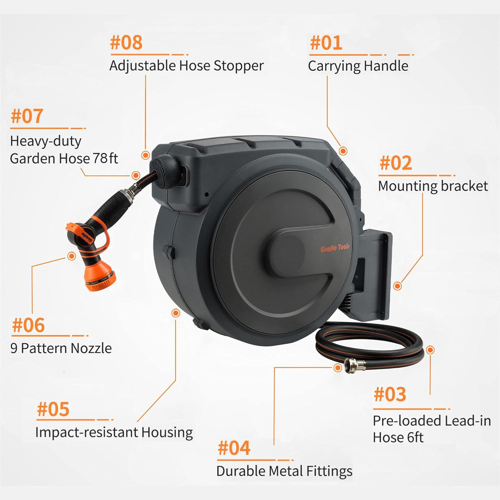 Wall Mounted Retractable Garden Hose Reel with 9 Pattern Hose Nozzle B68624
