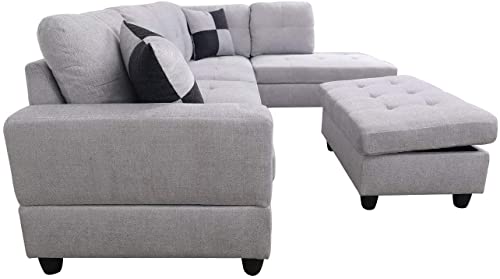 Grey White Linen Fabric L-Shaped Sectional Sofa Set with Storage Ottoman and Pillows K343