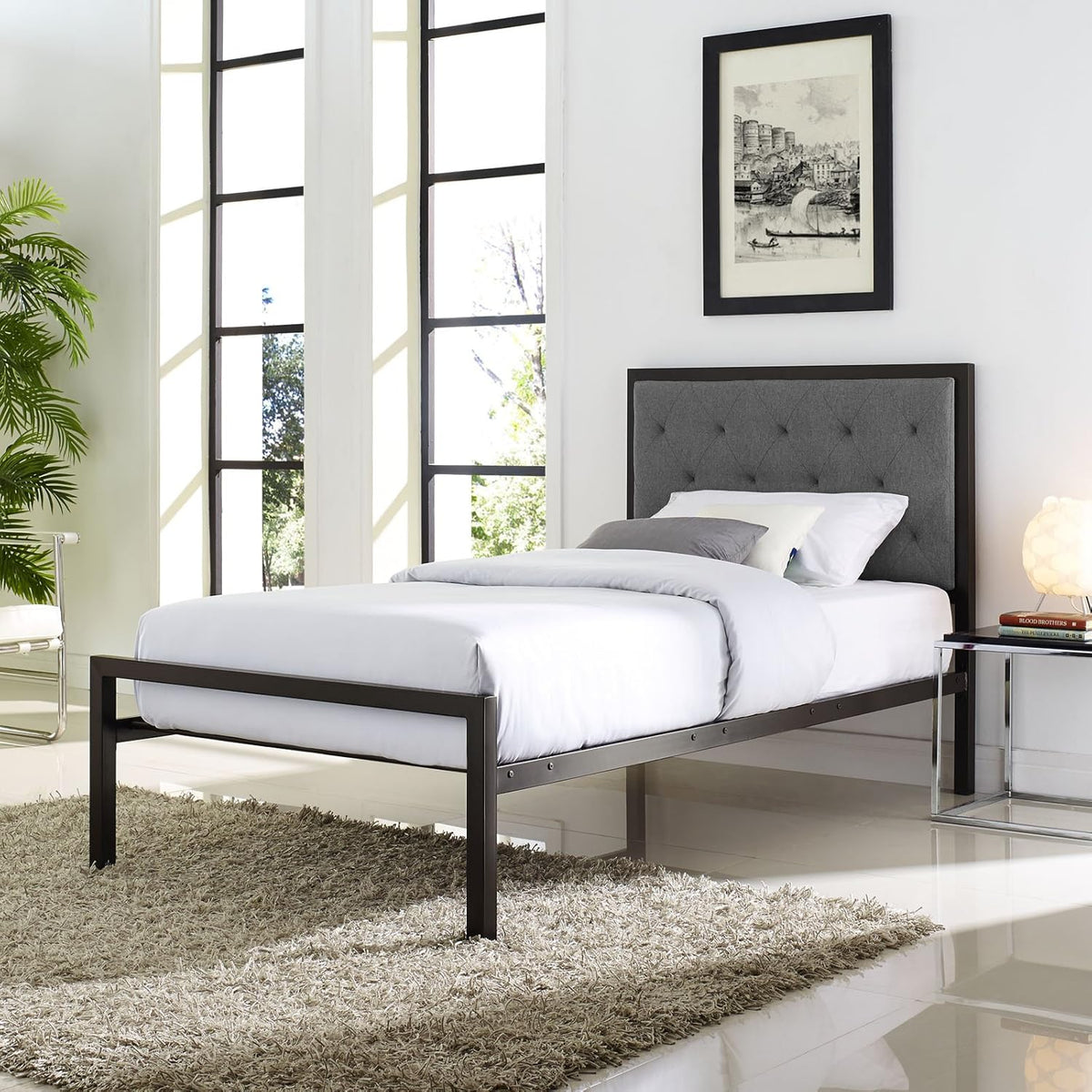 Twin Size Grey Fabric Bed Frame U866149