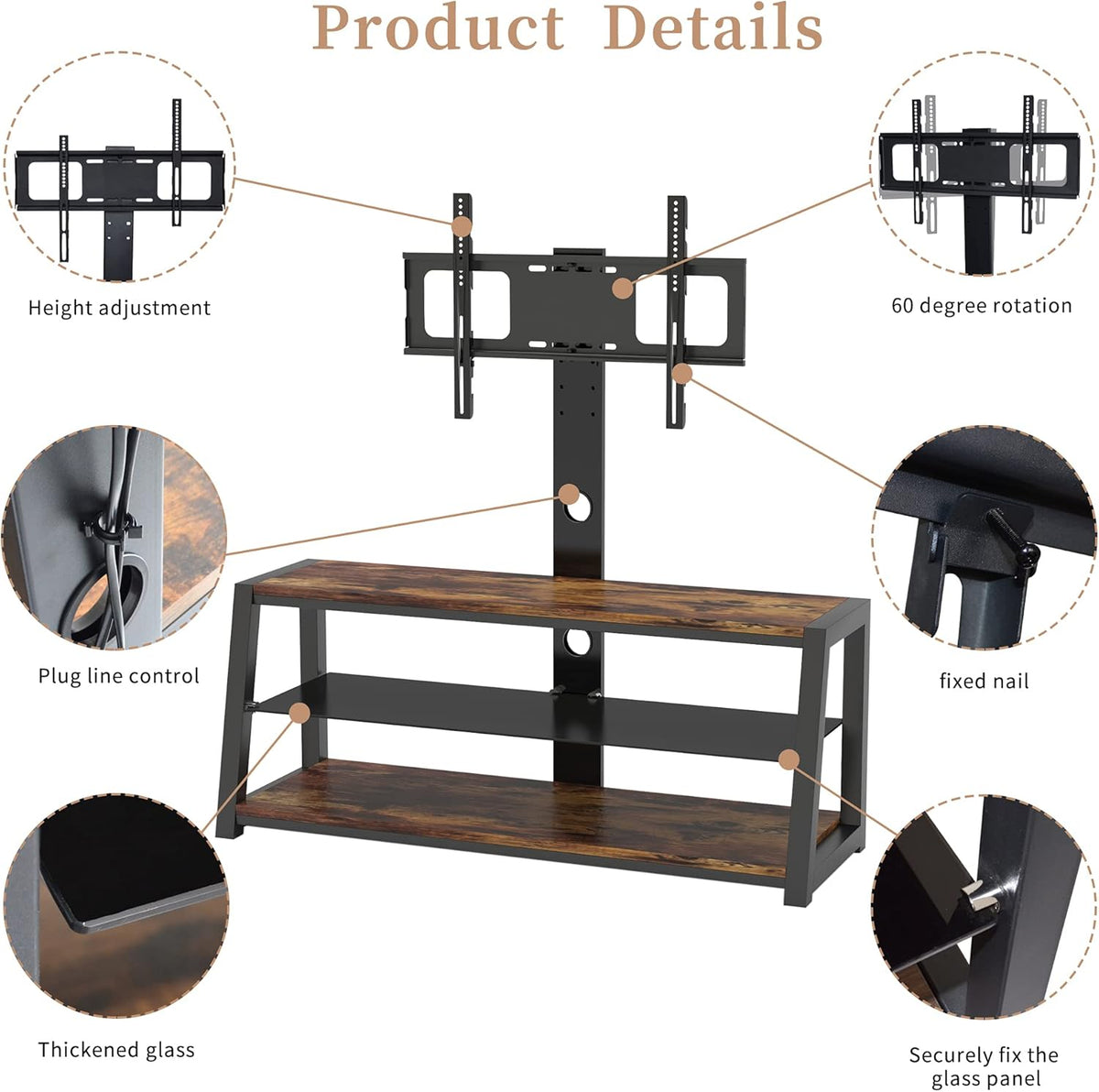 Angle and Height Adjustable Swivel TV Stand with Shelves X33951