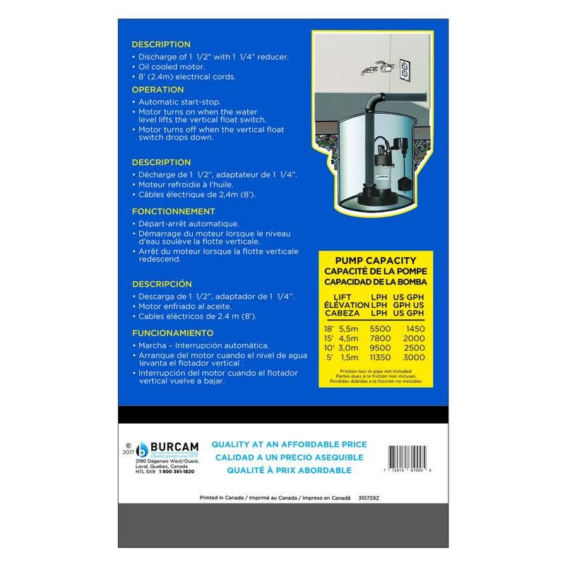 1/3 HP 3000 GPH Submersible Sump Pump B598
