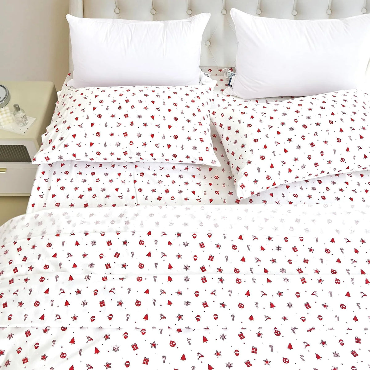 King Flannel Sheets - 4-Piece 100% Turkish Cotton, Red Stars, Deep Pocket R43988