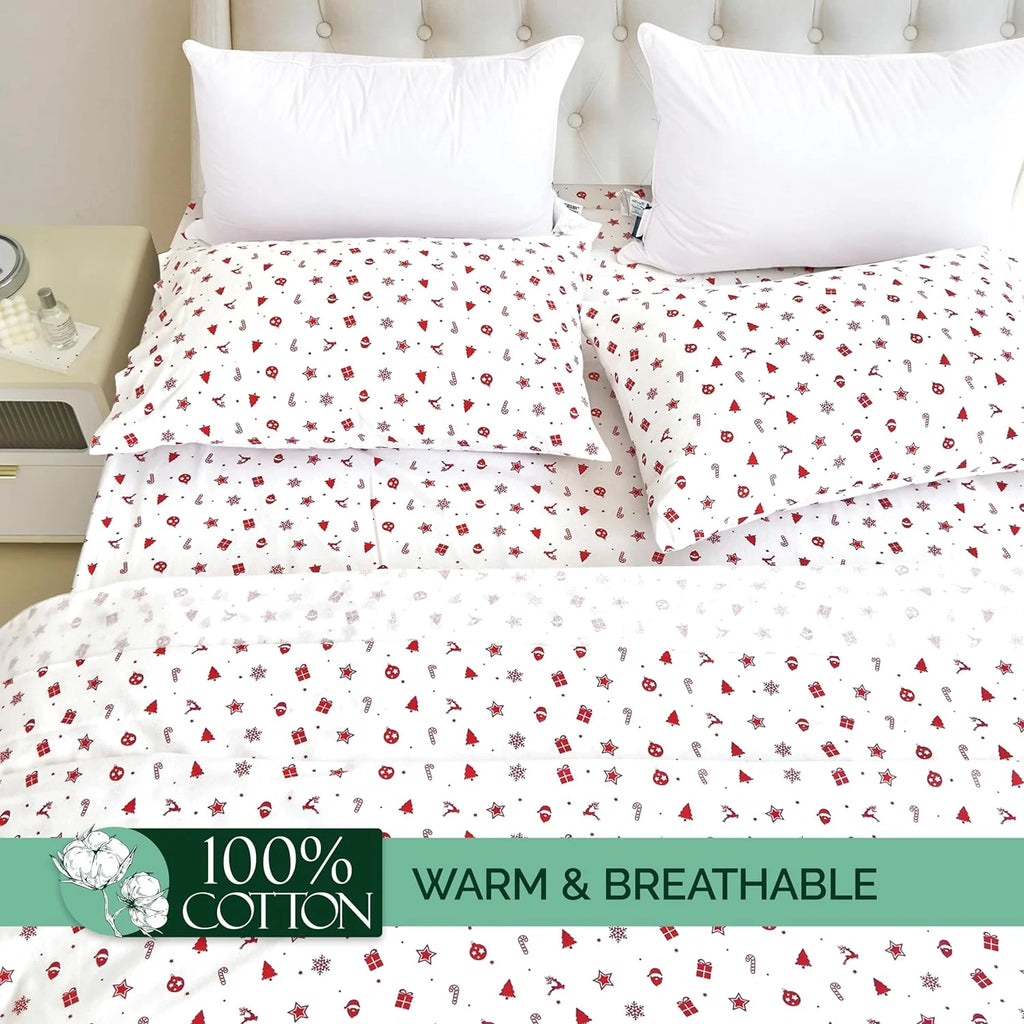 King Flannel Sheets - 4-Piece 100% Turkish Cotton, Red Stars, Deep Pocket R43988