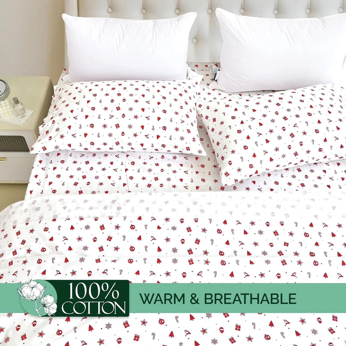 King Flannel Sheets - 4-Piece 100% Turkish Cotton, Red Stars, Deep Pocket R43988