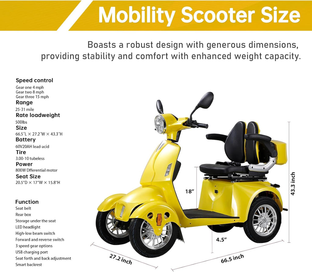 Heavy Duty 4-Wheel 3 Speed Mobility Scooter 500 lbs. Weight Capacity X4802