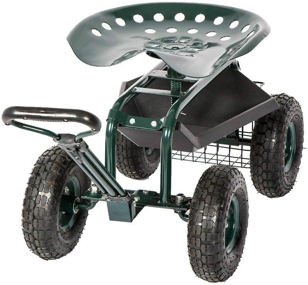 Rolling Garden Cart Work Seat with Swivel Seat & Utility Basket A765
