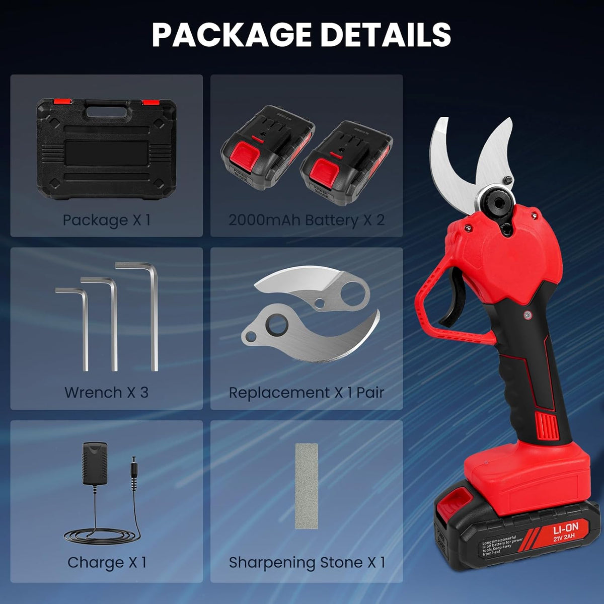 Cordless Electric Pruning Shears with Two 2.0Ah Batteries and Replacement Blades Set A677