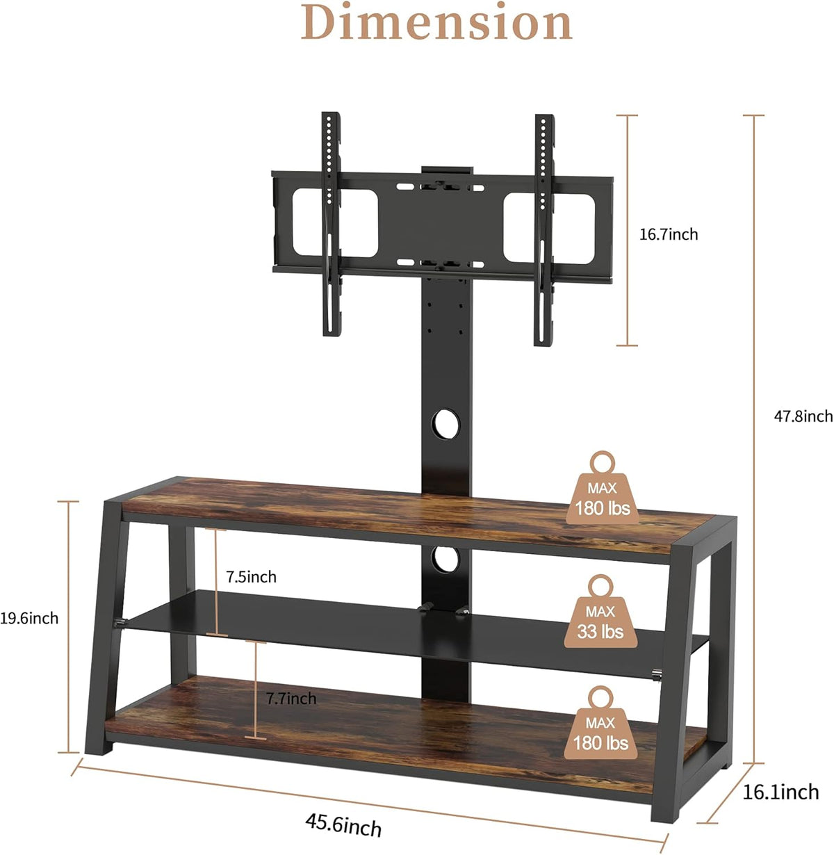 Angle and Height Adjustable Swivel TV Stand with Shelves X33951