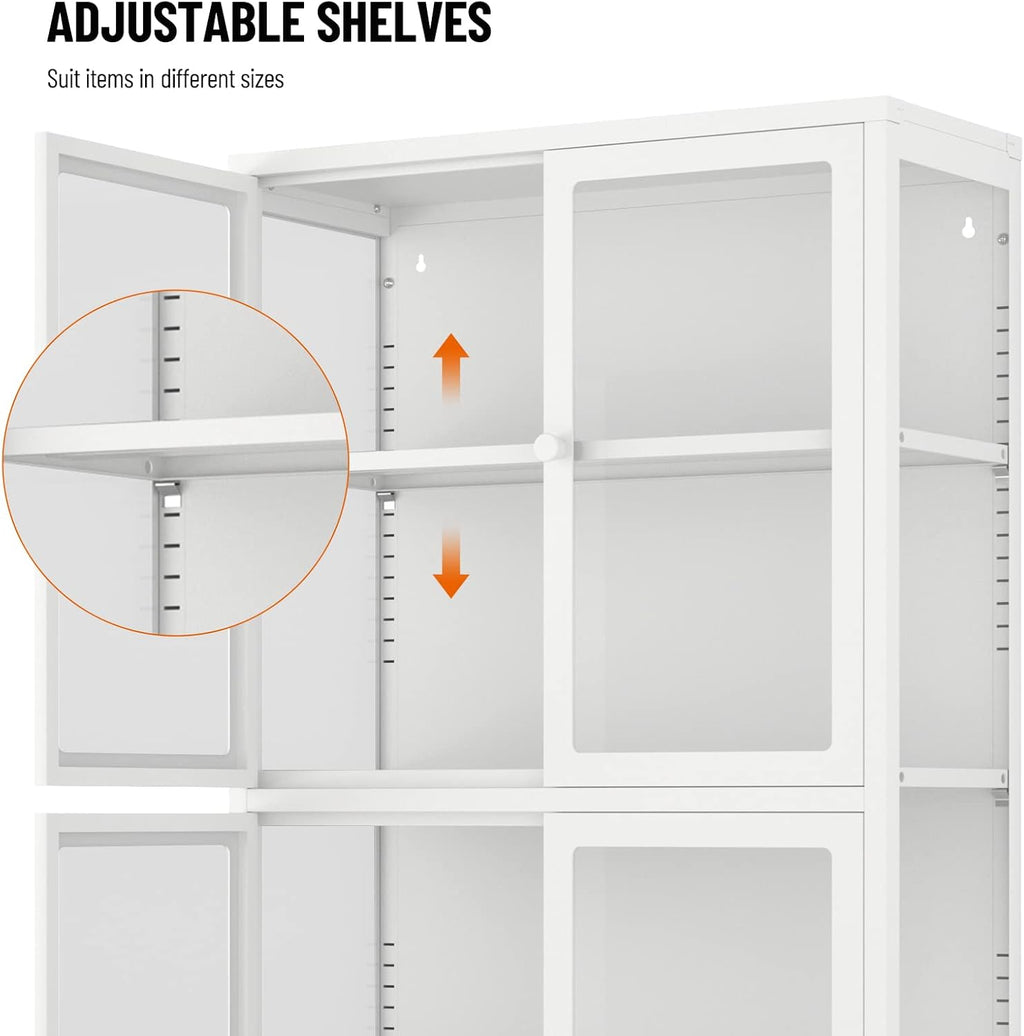 4-Door White Tempered Glass Storage Cabinet with Adjustable Shelves E89331