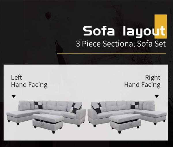 Grey White Linen Fabric L-Shaped Sectional Sofa Set with Storage Ottoman and Pillows K343