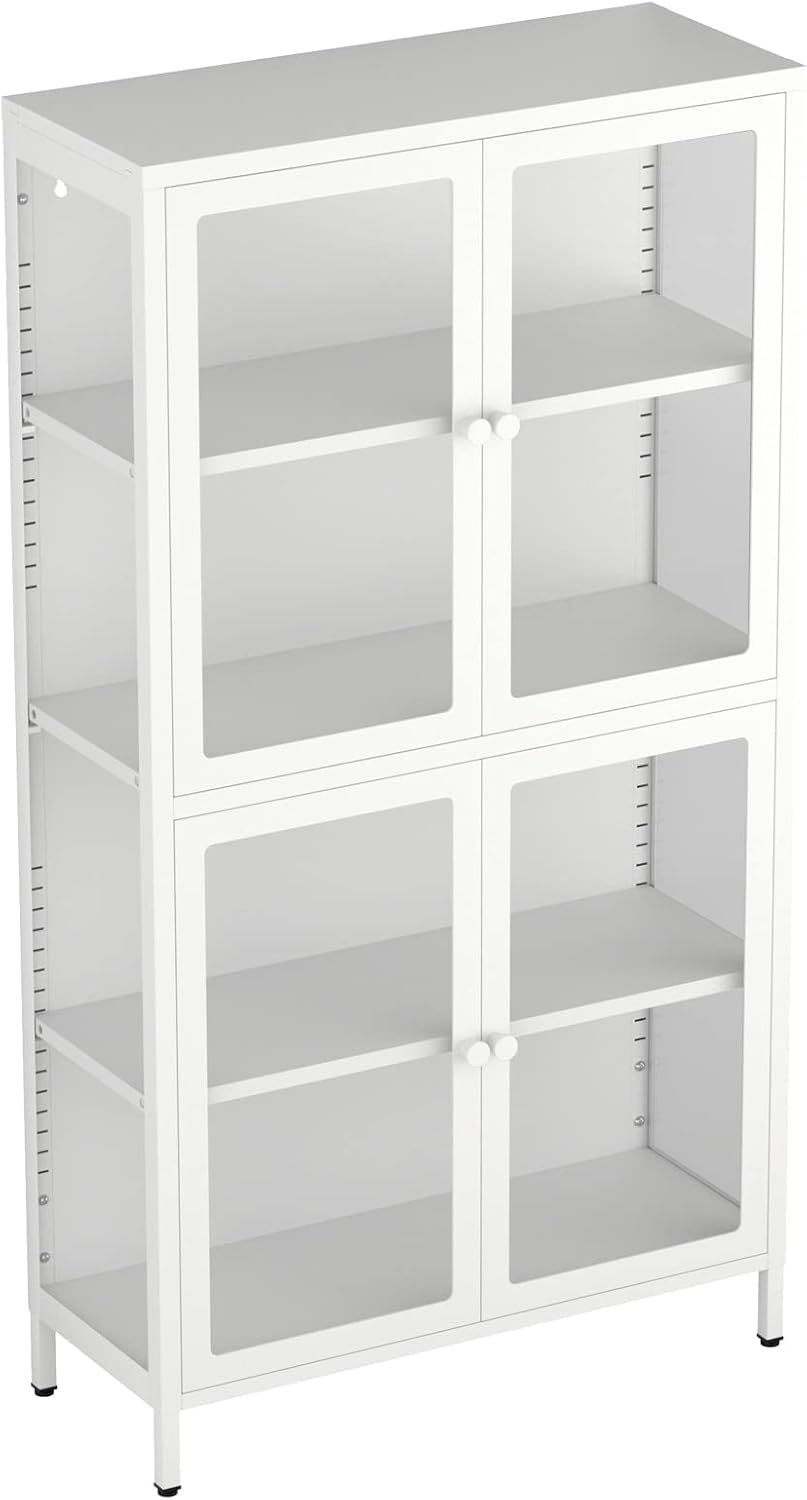 4-Door White Tempered Glass Storage Cabinet with Adjustable Shelves E89331