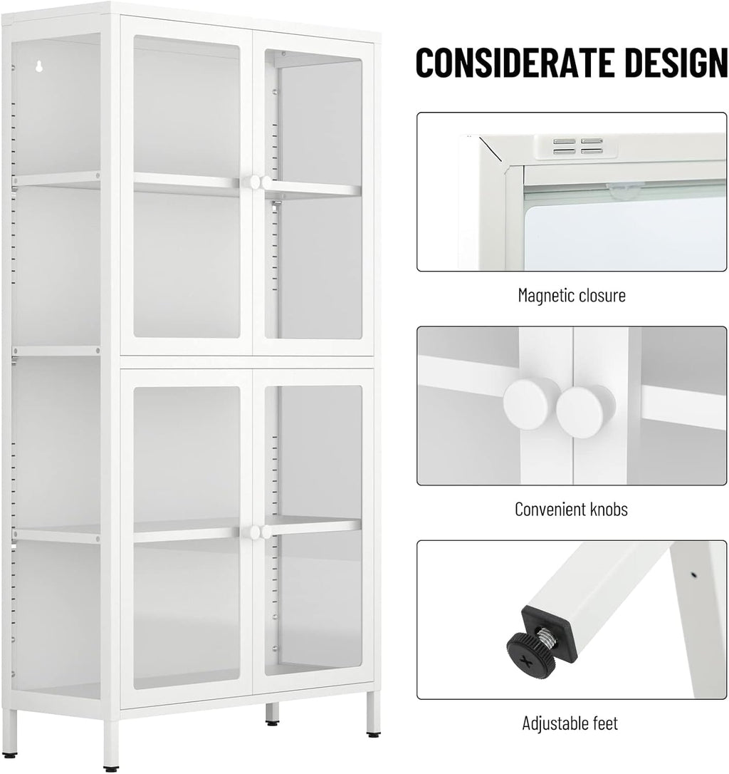 4-Door White Tempered Glass Storage Cabinet with Adjustable Shelves E89331